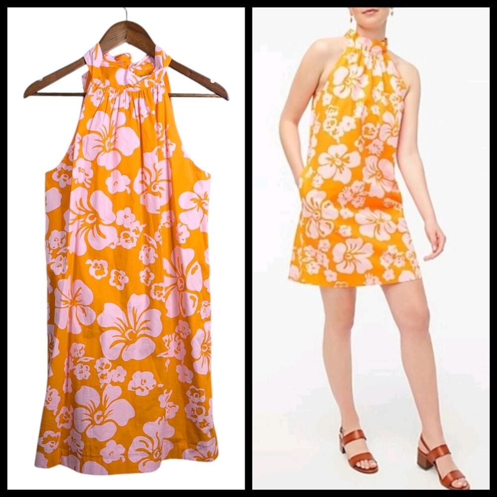 NEW J. Crew Hawaiian Halter Tie Neck Hibiscus Dress 6 Orange Resort Coastal - Picture 16 of 16
